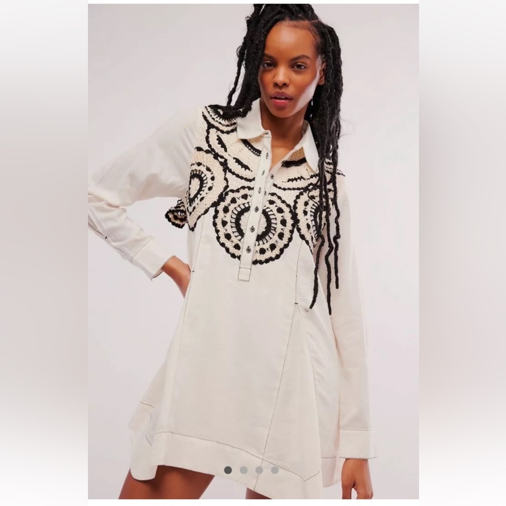 Free People Mirage Mini Dress Crochet Detail Cutout Smocked Back Ivory Black